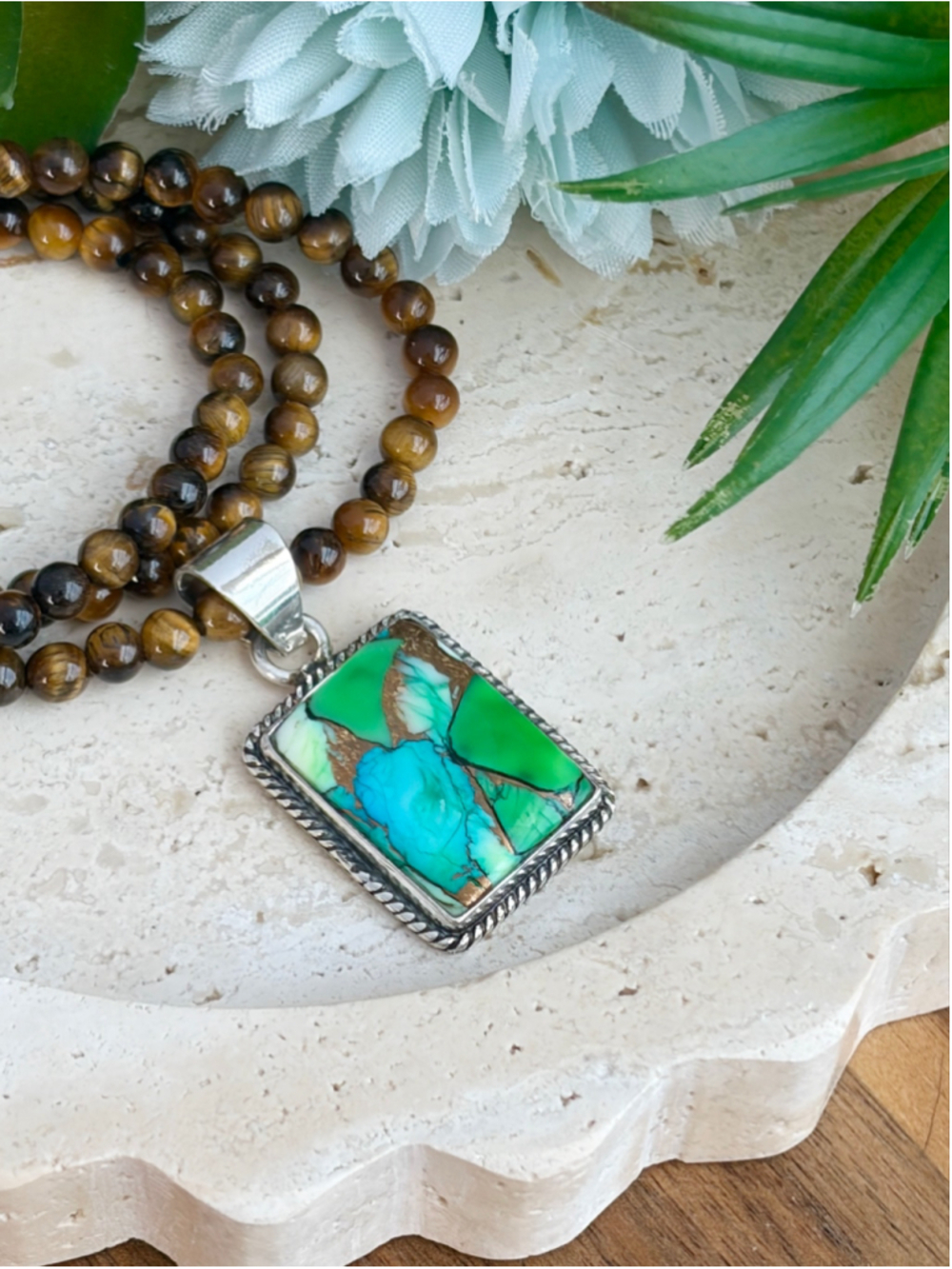 Peacock Dahlia Turquoise Pendant Necklace Boho Southwest Handmade New 925